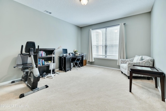 carpeted office space featuring a textured ceiling