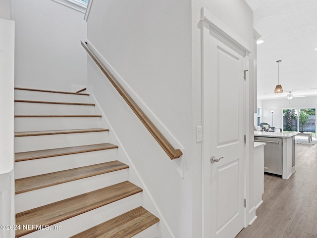 stairway featuring hardwood / wood-style flooring