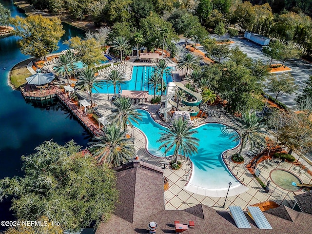 drone / aerial view with a water view