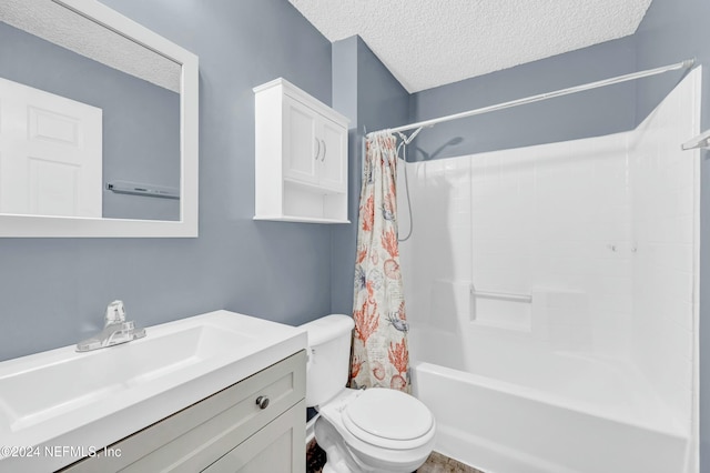 full bathroom featuring vanity, toilet, a textured ceiling, and shower / tub combo with curtain