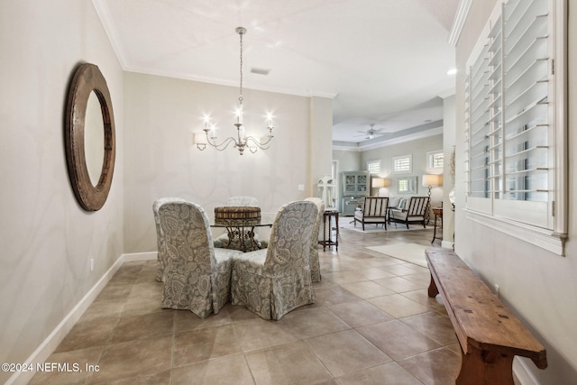 dining area featuring light tile patterned floors, ceiling fan with notable chandelier, and crown molding