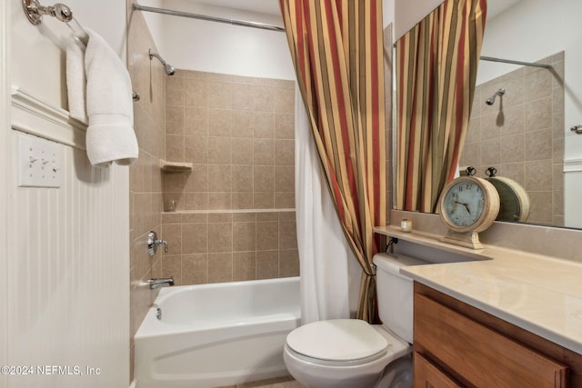 full bathroom with vanity, toilet, and shower / bathtub combination with curtain