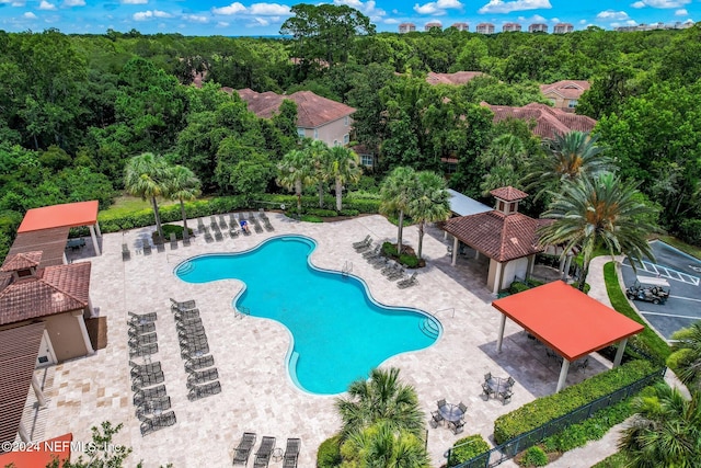 view of swimming pool with a gazebo and a patio area