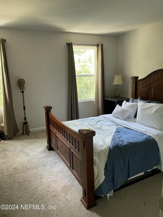 carpeted bedroom with a textured ceiling