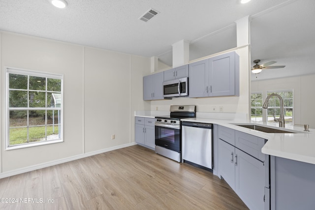 kitchen with stainless steel appliances, gray cabinets, light hardwood / wood-style floors, and sink