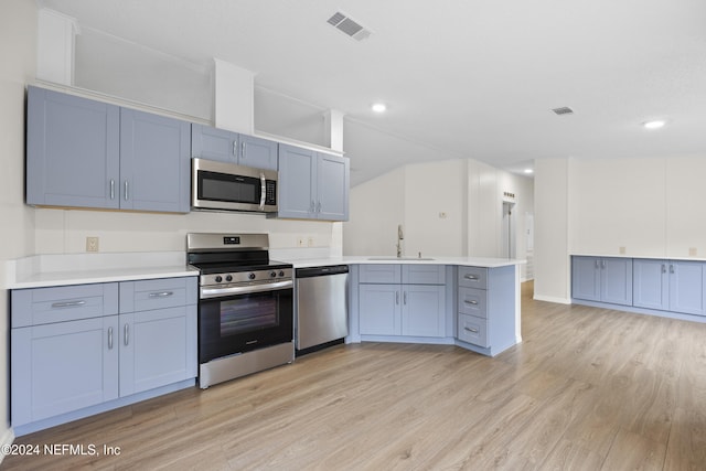 kitchen with kitchen peninsula, appliances with stainless steel finishes, light hardwood / wood-style flooring, and sink