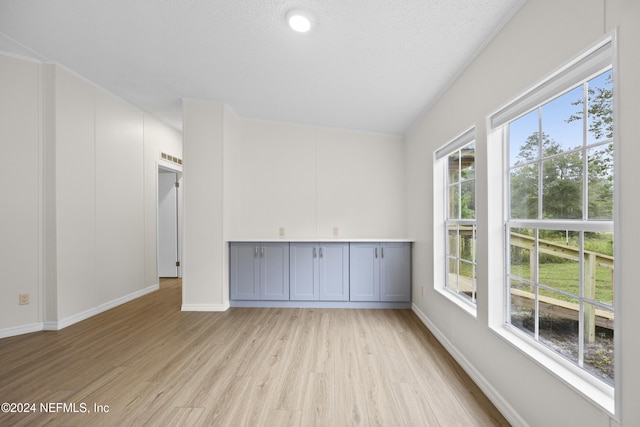 empty room featuring a textured ceiling, light hardwood / wood-style floors, and vaulted ceiling