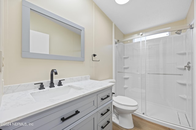 bathroom featuring hardwood / wood-style floors, vanity, toilet, and a shower with door