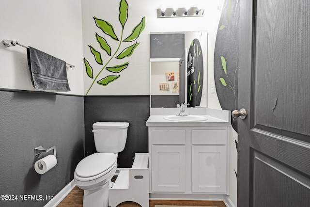 bathroom with hardwood / wood-style floors, vanity, and toilet