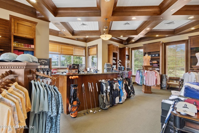 interior space featuring beam ceiling, light colored carpet, and coffered ceiling