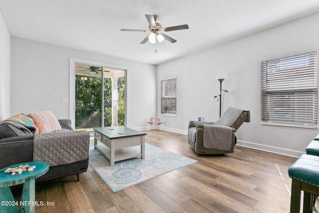 living room featuring ceiling fan, hardwood / wood-style floors, and a textured ceiling