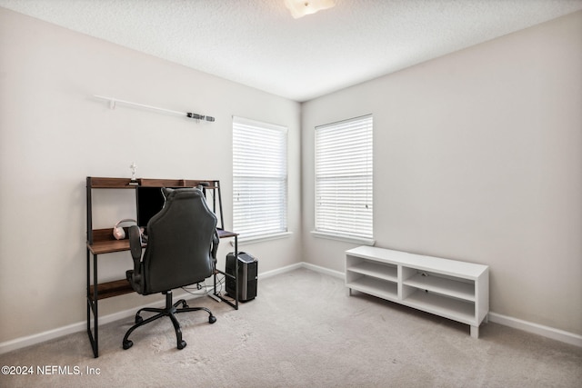 office featuring carpet floors and a textured ceiling