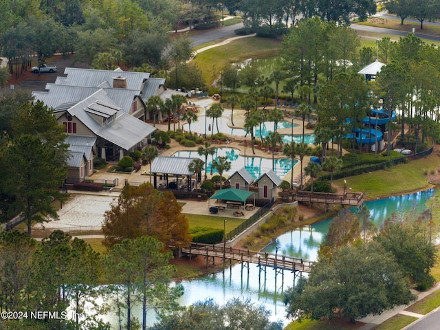 drone / aerial view with a water view