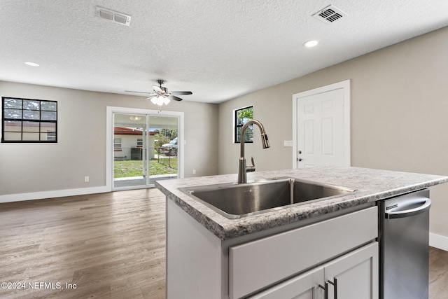 kitchen with sink, an island with sink, plenty of natural light, and light wood-type flooring