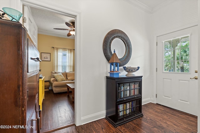 entryway with ceiling fan, ornamental molding, dark hardwood / wood-style flooring, and a textured ceiling