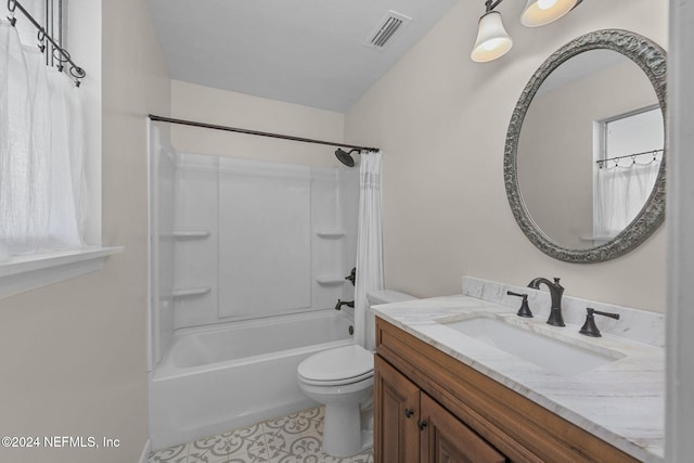 full bathroom with toilet, shower / bathtub combination with curtain, tile patterned floors, and vanity