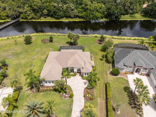 aerial view featuring a water view