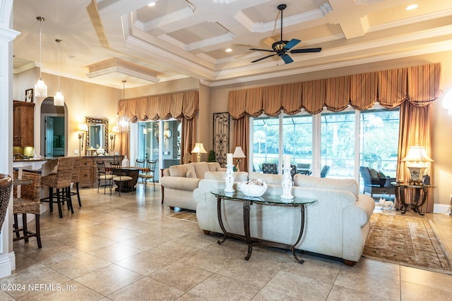 living room with beamed ceiling, ceiling fan, crown molding, and coffered ceiling