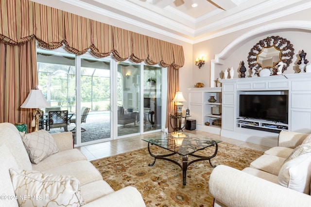 tiled living room with ornamental molding, a high ceiling, and coffered ceiling