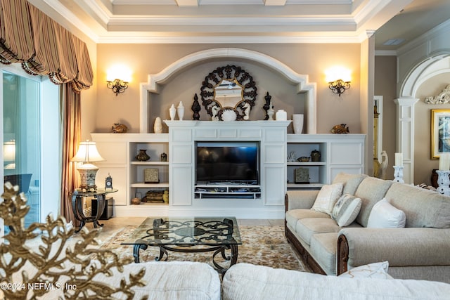 living room featuring tile patterned flooring and crown molding