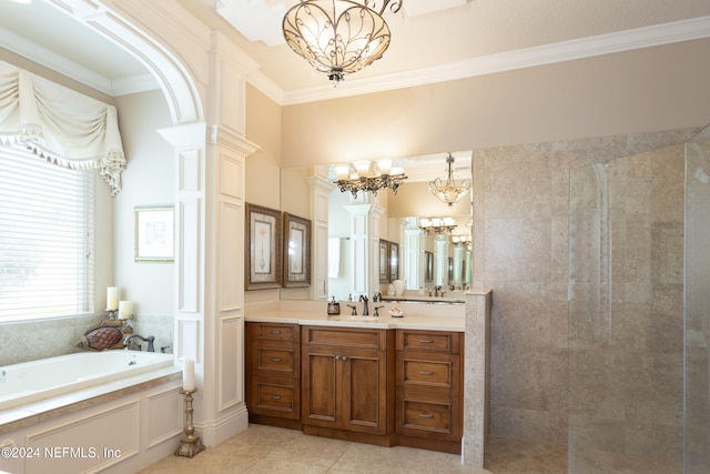 bathroom with vanity, ornamental molding, shower with separate bathtub, and a chandelier