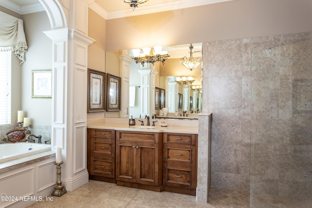 bathroom with an inviting chandelier, tile patterned floors, shower with separate bathtub, vanity, and ornamental molding