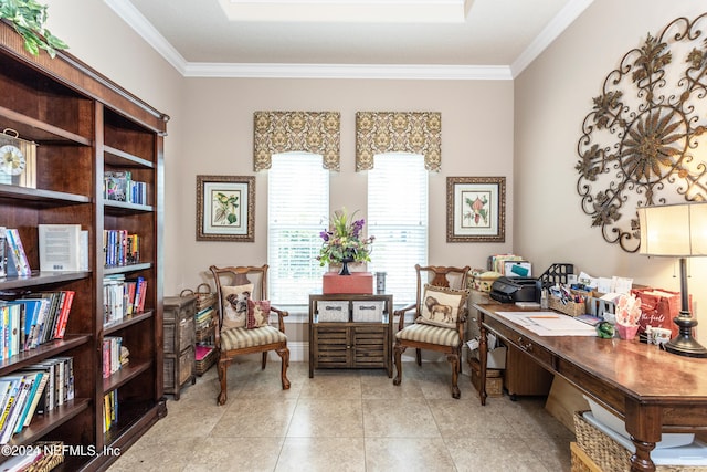 tiled office space featuring crown molding