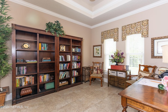 tiled office space with ornamental molding