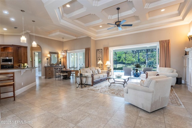 190 Willow Oak Way, Palm Coast, FL 32137 - living area featuring a high ceiling, ceiling fan, coffered ceiling, ornamental molding, and baseboards