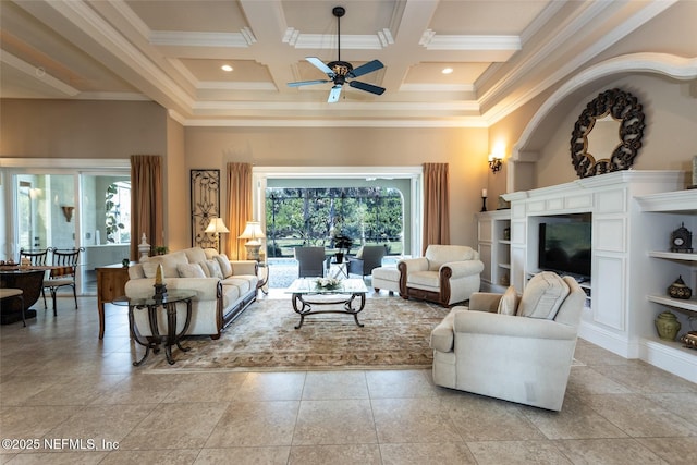 190 Willow Oak Way, Palm Coast, FL 32137 - living room featuring crown molding, a ceiling fan, coffered ceiling, and beamed ceiling