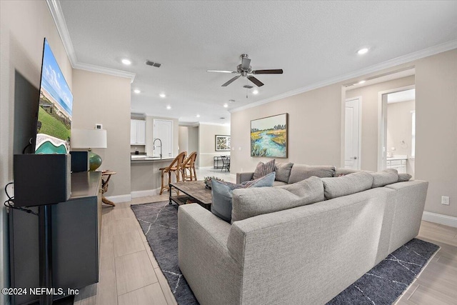 living room featuring sink, hardwood / wood-style flooring, ceiling fan, ornamental molding, and a textured ceiling