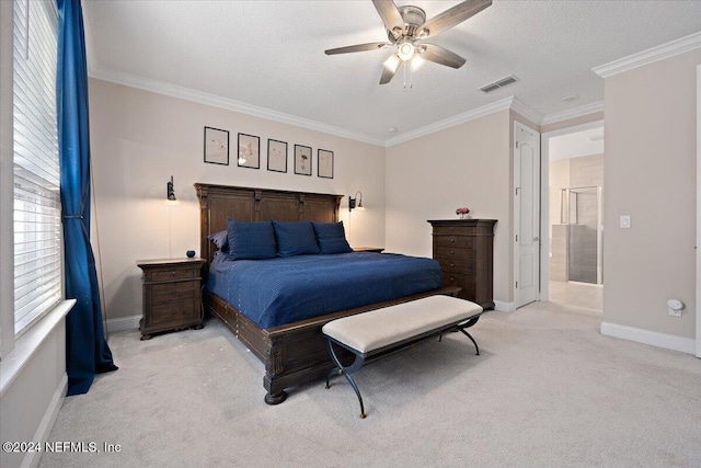 bedroom with ceiling fan, light colored carpet, and ornamental molding