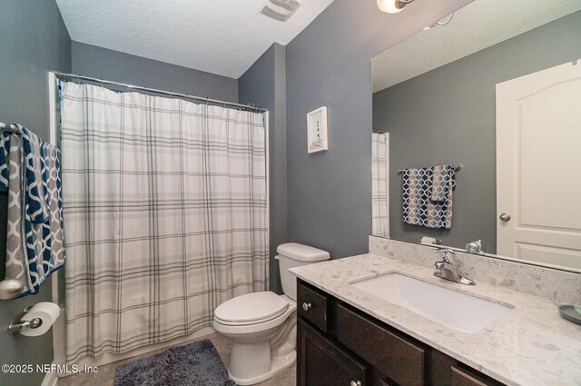 full bath featuring visible vents, a textured ceiling, toilet, and vanity