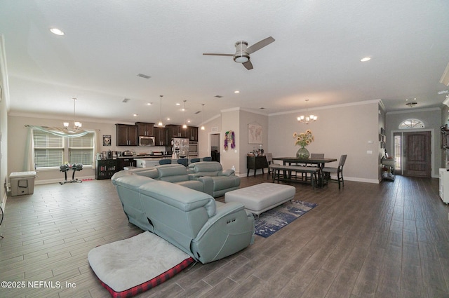 living area featuring visible vents, recessed lighting, crown molding, baseboards, and dark wood-style flooring