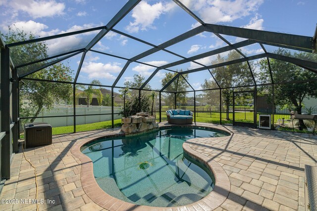 view of pool with a patio area, a fenced backyard, a fenced in pool, and central AC