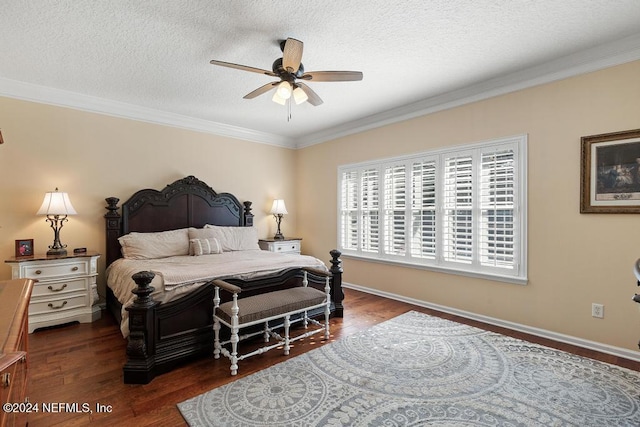 bedroom featuring a textured ceiling, ceiling fan, dark hardwood / wood-style flooring, and crown molding