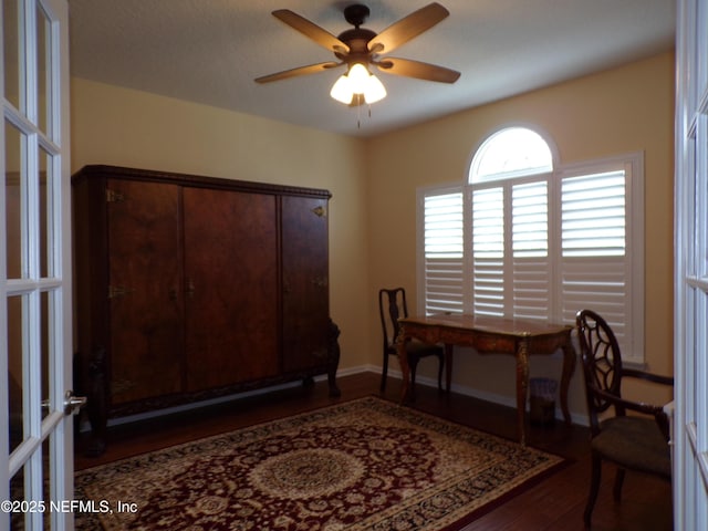 interior space featuring hardwood / wood-style floors, french doors, and ceiling fan