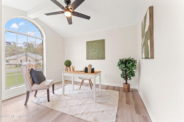 office featuring vaulted ceiling with beams, light wood-type flooring, and ceiling fan