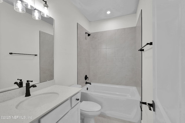 full bath with toilet, tub / shower combination, and vanity