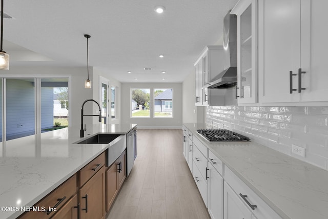 kitchen with wall chimney range hood, stainless steel appliances, a sink, light wood finished floors, and tasteful backsplash