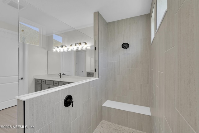 full bath featuring a walk in shower and a sink