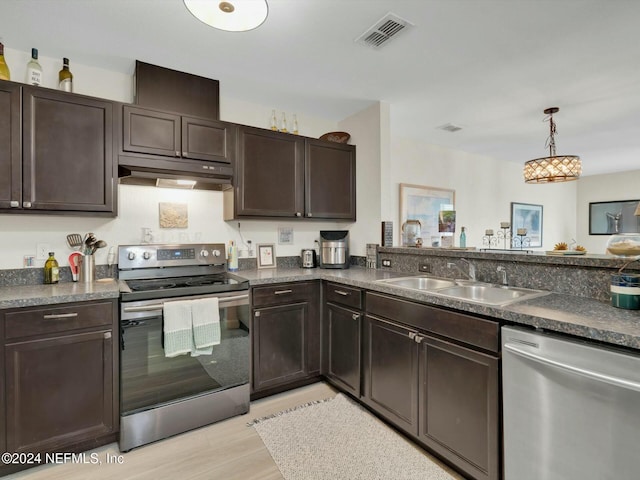 kitchen with sink, hanging light fixtures, stainless steel appliances, and dark brown cabinets