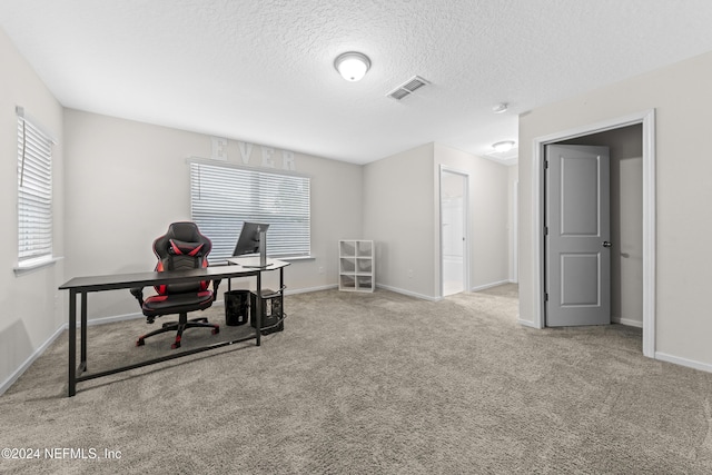 carpeted office space featuring a textured ceiling