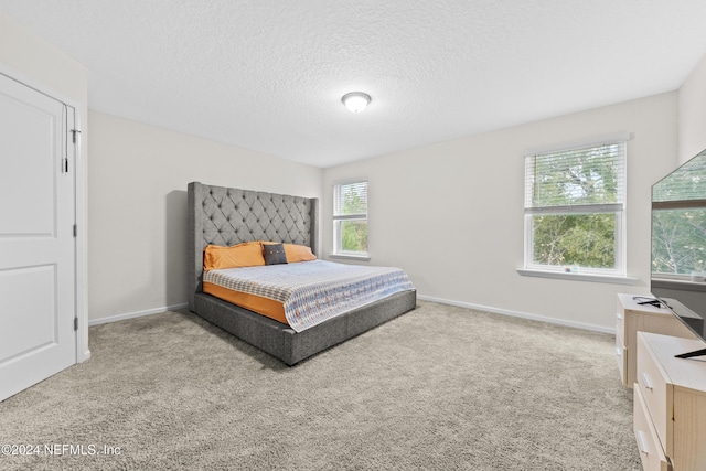 bedroom with light carpet and a textured ceiling