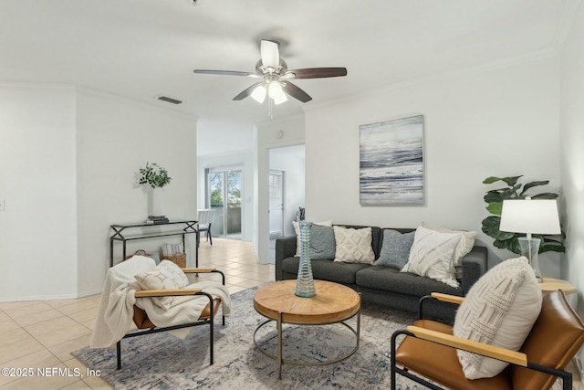 tiled living room with crown molding and ceiling fan