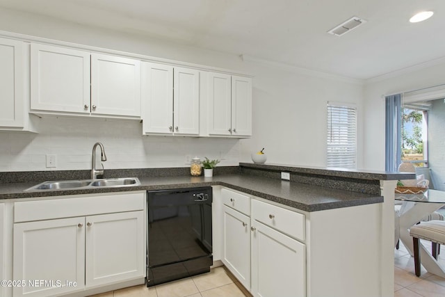 kitchen with white cabinetry, black dishwasher, sink, and kitchen peninsula