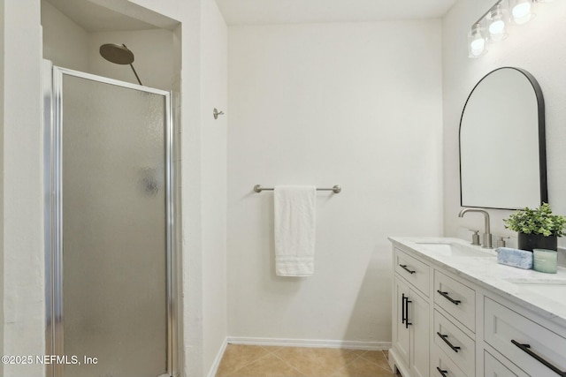 bathroom featuring tile patterned floors, an enclosed shower, and vanity