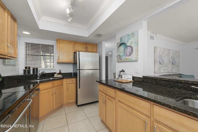 kitchen with stainless steel appliances, a raised ceiling, crown molding, sink, and dark stone countertops