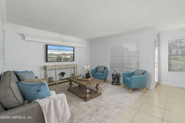 living room with light tile patterned floors and crown molding