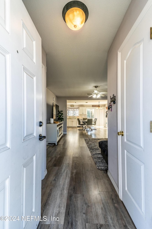 corridor with a textured ceiling and dark hardwood / wood-style floors